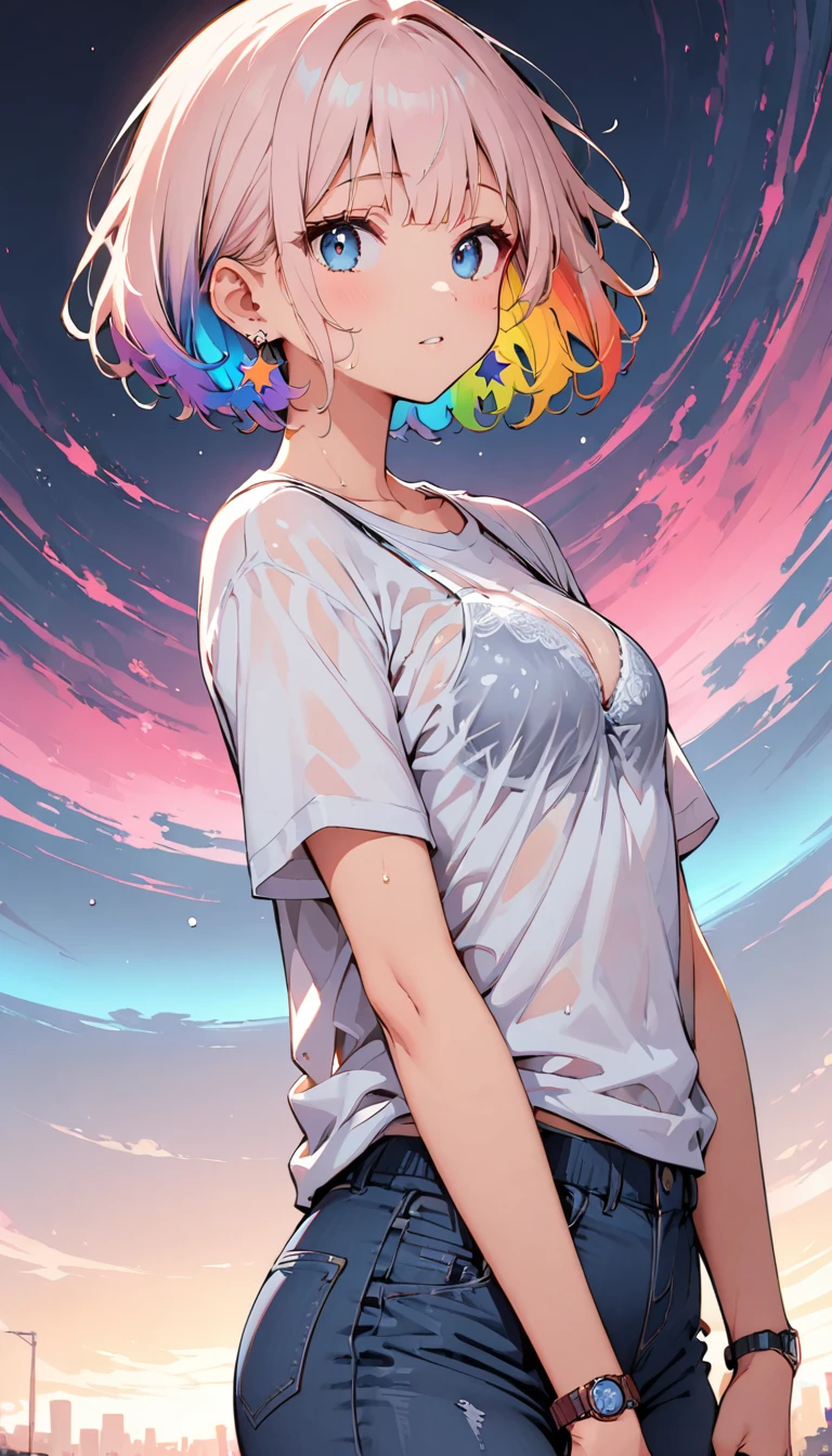 (high quality, 8k, 4K, High Contrast, masterpiece:1.2, 最high quality, Best aesthetics), (Dynamic Angle), ((1 female teen)), (Full Shot), ((Plain and bright background)), ((Flat Color)),(Plain white T-shirt on the upper body), (jeans), Showing his back, Looking at the audience, Upper Body, Transparent Background, Sleepy eyes, High Contrast, Contrasting colors, , Pale pink and blue lighting, ((Short Hair)) , Rainbow Hair, Small star-shaped earrings in both ears, watch, bright eyeshadow, Cool look, Wet T-shirt, The T-shirt is wet, so the lace pattern of the grey bra is visible through it., Angle of view that allows space above the head to see the background, The straps of the bra are visible through the back.