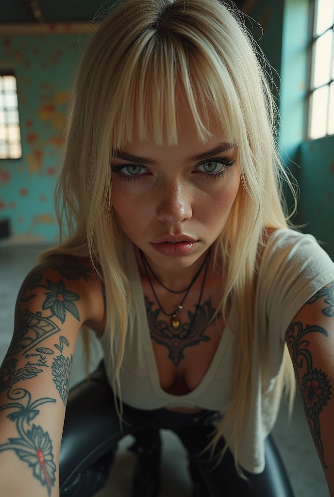 selfie, wink, cute baby-face woman, attractive and seductive expression, shy, blonde straight hair, forehead, make-up, blue eyes, superlative body proportion, covered in tattoos, wearing loose knit shirt, tight fitting leather pants, engineer boots, artistic, hyper, graphic CG digital art That she is angry