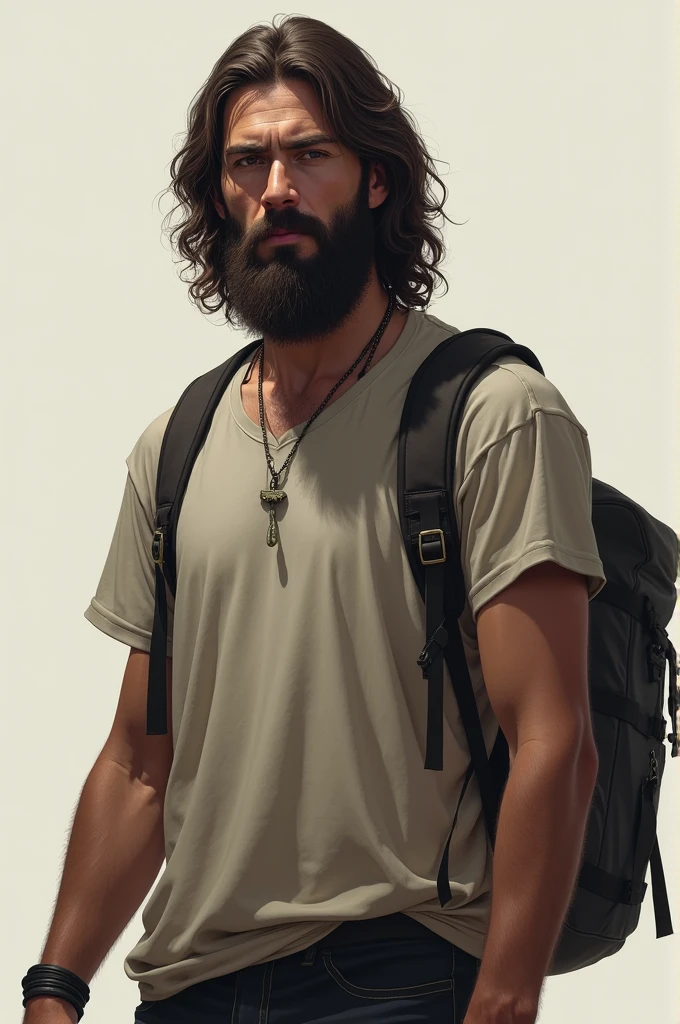 man 1.80 tall, shoulder length hair, straight at the roots and curly at the tips, With beard and mustache, bushy eyebrows, thin jesus christ type, with backpack and t-shirt and dark eyes 