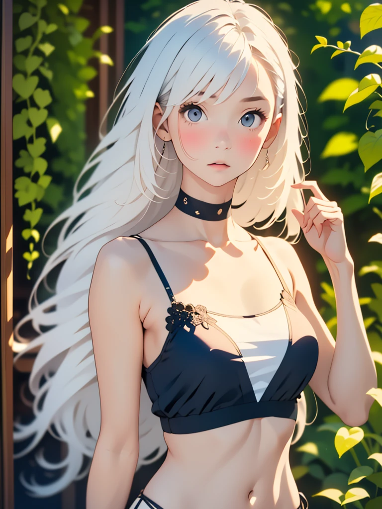 Low Leg, Low rise, albino, (((Realistic images))), Translucent white skin, White camisole, ((girl, Upper body angle)), the skin is transparent, Make the expression more realistic, thin, Soft and smooth white hair, Highlight wrinkles in clothing, Highest quality, High resolution, Extremely detailed 8K, (Ultra HD, Very detailed, Very detailed, Very Realistic, Ultra-realistic, Realistic), One Girl, One thumb, View 4 books, The underwear you are wearing is very soft and pleasant to the touch...., Stagnation, beautiful girl with a slim body, Waist-length white hair, Gray Eye Room, Chic monochrome room, Foliage plant,