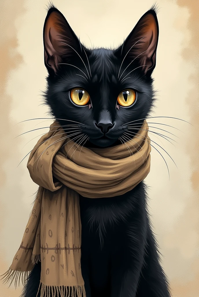 Black cat wearing a scarf in a drawing