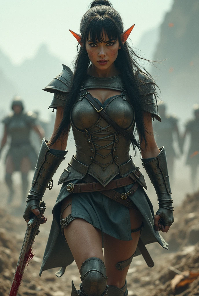 beautiful elf girl, warrior, gray eyes, black hair with bangs and pigtails, furiously coming out of the battle with her sword , in the background a battlefield