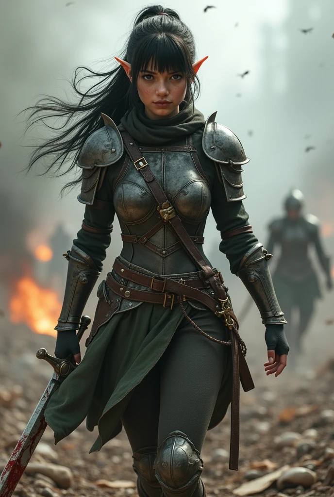 beautiful elf girl, warrior, gray eyes, black hair with bangs and pigtails, furiously coming out of the battle with her sword , in the background a battlefield