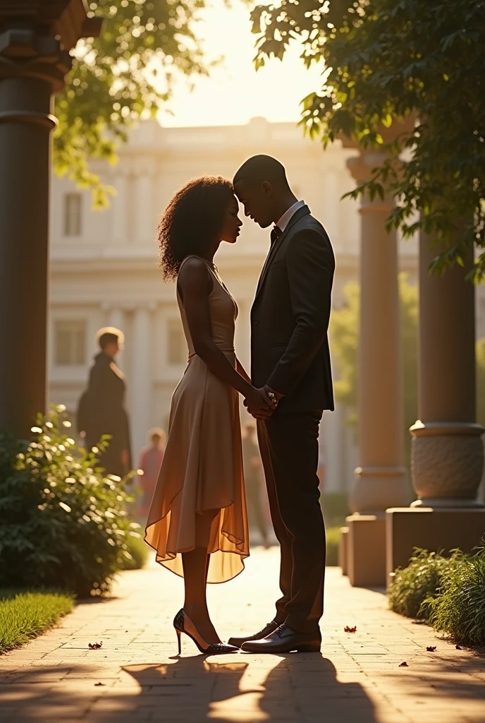 Young Afro-Haitian couple at university, Habits,  classy. Regard complice, Cadre lumineux,  idyllique, Sensuel, captivant pour les amoureux.The other students look at them in a jealous way.