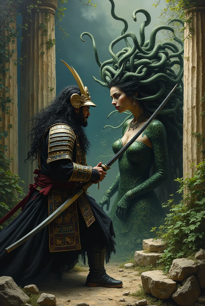 Dramatic battle between a samurai and (((Medusa female face beautifull)), ancient Greek ruins overgrown with vegetation, oil painting on canvas, chiaroscuro lighting technique, inspired by Caravaggio's dramatic contrasts, rich dark colors with occasional bright highlights, thick impasto brushstrokes for texture, dynamic composition with diagonal lines, baroque-inspired detailing on samurai armor, serpentine forms echoed in Medusa's hair and surrounding foliage, mythical atmosphere reminiscent of Gustave Moreau's symbolist works, somber color palette dominated by deep reds, blues, and earth tones, cinematic framing like a frozen moment in an epic tale, style fusion of Japanese ukiyo-e and Western classical painting traditions, powerful visual narrative suitable for striking t-shirt design.