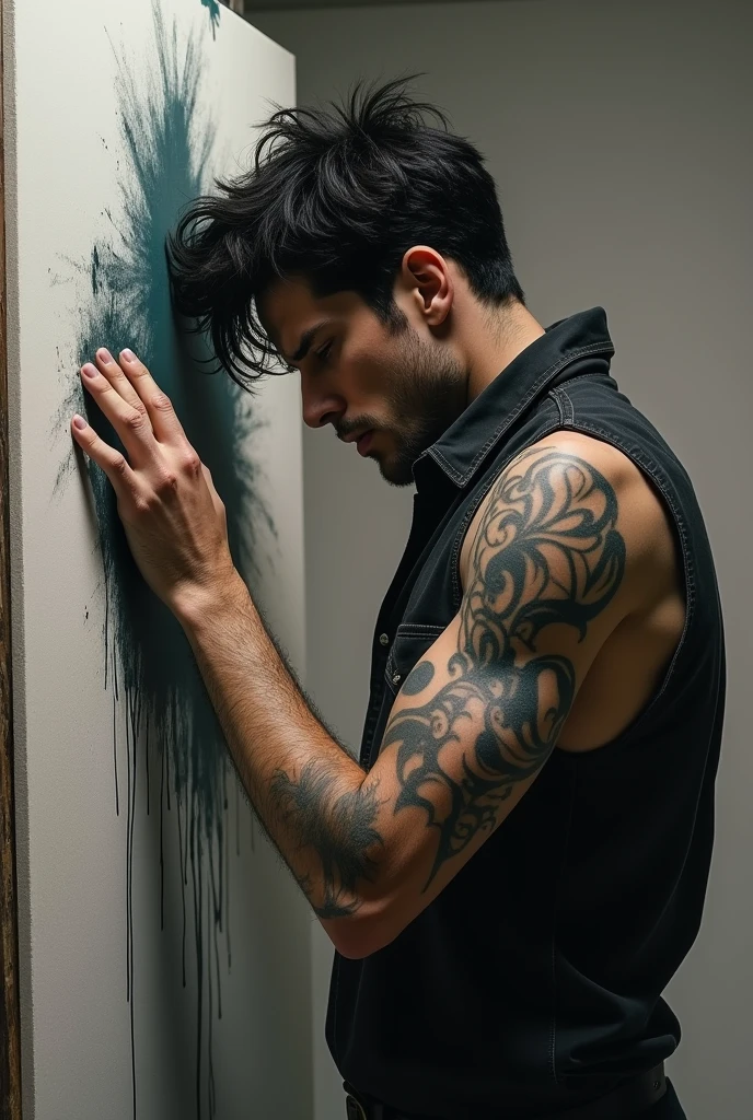 A pretty looking man with dark hair, skinny and tell, peint himself desperatly
