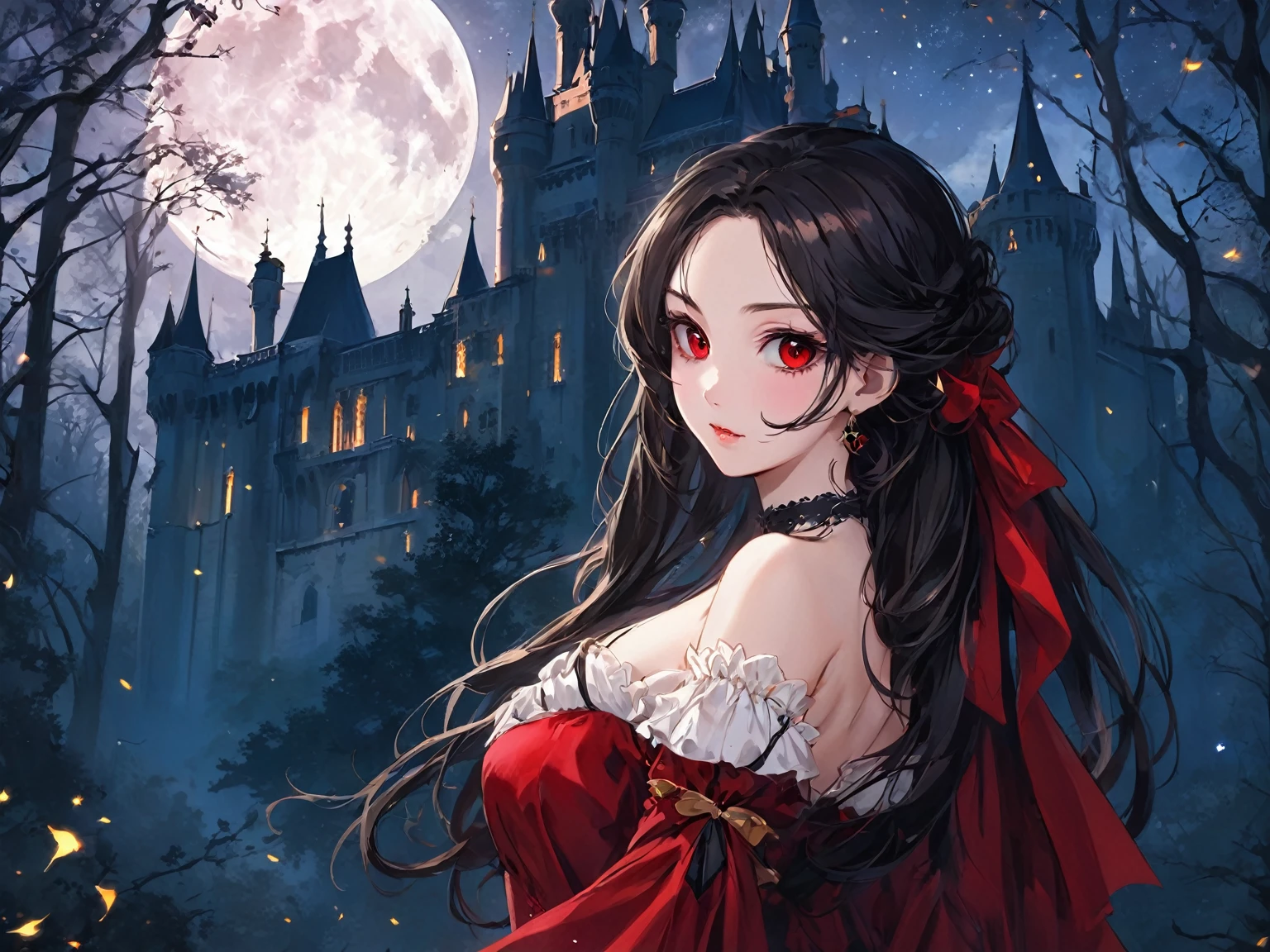 a young anime woman vampire with wavy ebony hair of medium-length partially tied back to keep it out of her way, red eyes. wearing renaissance elegant red and black dress with gold detals and with long, open shoulder sleeves. a night time full of stars and full moon a dark gothic castle surrounded by a forest far in the distance (masterpiece), best quality, expressive eyes, perfect face