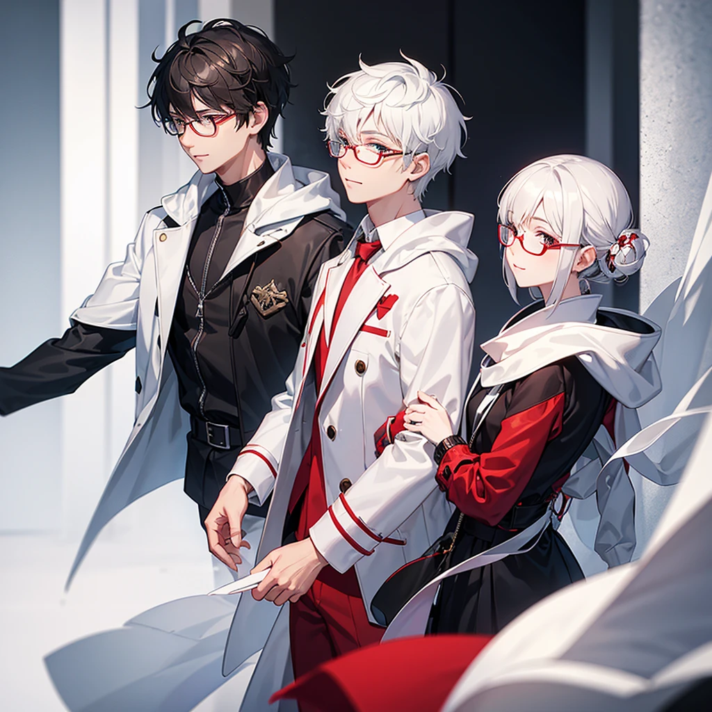  One person for profile picture : a white short hair character with glasses in a fantasy world, look at you, a little with smile touching his glass gently, kinda handsome, look reliable and trusted, one eye silver and one eye red, the red eye is under his hair, he wear a white shirt with black jacket but it's hood it red and white not wearing it stick to his jacket