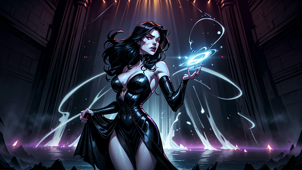 Create a surreal and haunting high fantasy Imagine uma mulher incrivelmente linda, a vampire with porcelain skin and long, flowing black hair that cascades down her back like a night waterfall. Your eyes shine with an unearthly intensity, She is on a dimly lit stage, surrounded by a halo of spotlights that cast an eerie glow over her pale skin. In your hands, she holds a sleek black electric guitar, its body adorned with intricate gothic carvings that seem to glow and sparkle in the light. The guitar neck is long and thin, perfect for your delicate, vampiric fingers to dance. While she plays, the strings seem to scream and wail, the sound waves pulsing through the air like a living thing. The stage is set with a backdrop of dark and crimson curtains, that seem to wave and sway in the wind like a dark, malevolent entity. The floor is covered in a sea of Marshall amplifiers, their stacks towering above the vampire like sentinels of sound. The air is thick with the smell of sweat, smoke and ozone, the very electric atmosphere of anticipation. Lighting is a key element of the scene, with spotlights and strobe lights casting an unearthly glow over the vampire and her instrument. The lights appear to pulse and strobe in time with the music, Creating a hypnotic effect, trance-like, in the audience. The general mood is one of high-energy excitement,