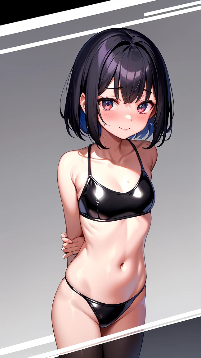The generated image is、It depicts a 10-year-old Japanese girl.。She cut her black hair short、She has beautiful eyes and a shy smile.。Her face was red、Huge chest stands out。She is wearing a shiny black latex bikini、I put my arms behind my back。Her whole body is depicted、Standing posture。Background in the classroom、She was wet and、I'm sweating。moreover、There is a lot of semen on her chest and body.。