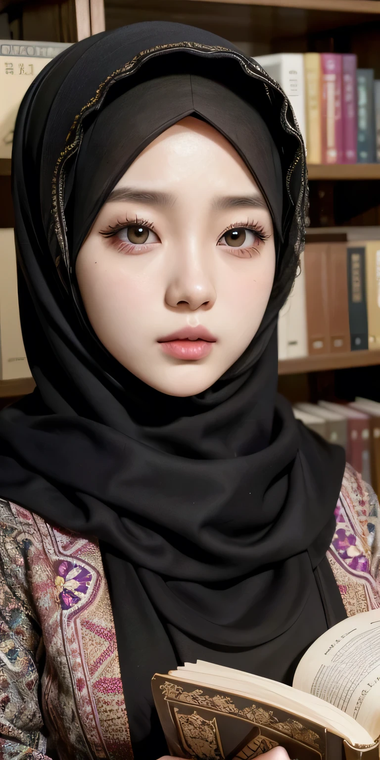 Korean girl, beautiful girl in hijab, 19 year old girl, perfect face, expressive eyes, makeup, eyeshadow, eyeliner, luxurious hijab, patterned hijab, hijab decoration, shiny lips, holding book, in the library,