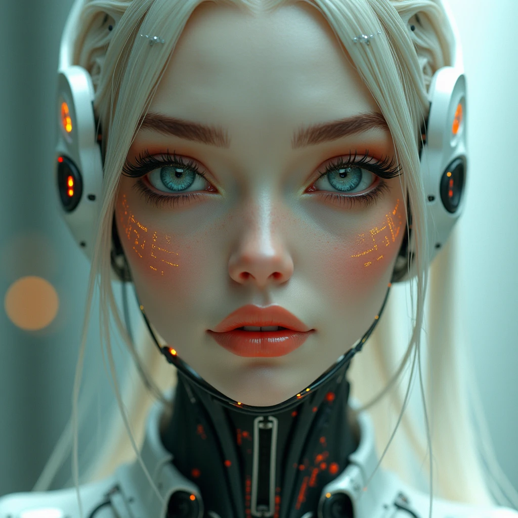 a close up of a woman in a futuristic suit with a sci - futuristic body, barbie cyborg, beutiful white girl cyborg, cyborg girl, beutiful girl cyborg, elle fanning as an android, retrofuturistic female android, cute cyborg girl, perfect android girl, cybersuits, cyberpunk robotic elvish queen, wearing futuristic armor, cyborg fashion model, beautiful android woman