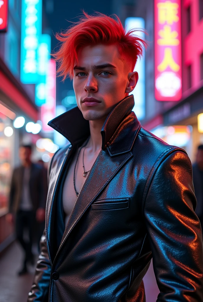Certainly! Here’s the updated description featuring the young man with red hair:
"In a striking cyberpunk metropolis, a vivid portrait captures the young man as a stunning bionic figure, confidently posing for the camera in a bustling future marketplace. He wears a sleek, tailored suit made of a shimmering metallic fabric that hugs his form elegantly, highlighting his powerful stature while showcasing intricately designed bionic enhancements—glowing circuitry visible beneath the fabric, pulsing rhythmically with the neon lights surrounding him.
His skin, fair and luminous, glows under the kaleidoscope of colorful holographic displays advertising futuristic products and services, creating an electrifying backdrop that enhances his presence. His hair, a vibrant cascade of red locks, flows elegantly around his face, beautifully framing his chiseled features as he gazes directly into the lens, his synthetic eyes radiating confidence and allure, embodying both strength and sophistication.
The suit’s design features deep, intricate patterns of circuitry that resonate with the neon aesthetic, complemented by a high-collared jacket that adds an air of sophistication. The air is charged with the sounds of lively conversations and the whir of drones delivering goods, but in this moment, he commands the scene—a captivating figure amid the vibrant chaos. A digital projection of upcoming tech innovations glimmers beside him, showcasing art and messages of social change that resonate deeply with his powerful presence.
(Radiant neon lighting, deep contrasts, and sharp details), 160-color support, filmed on ARRI ALEXA 65, creating an immersive experience that feels both surreal and breathtakingly real. Shot by Don McCullin, this image connects his striking bionic features with the heart of a futuristic world, capturing a moment that’s as enchanting as it is transformative."
beauty, cyberpunk, bionic, futuristic, Spider-Man, model, elegance, urban, glamour, fashion, stunning, r