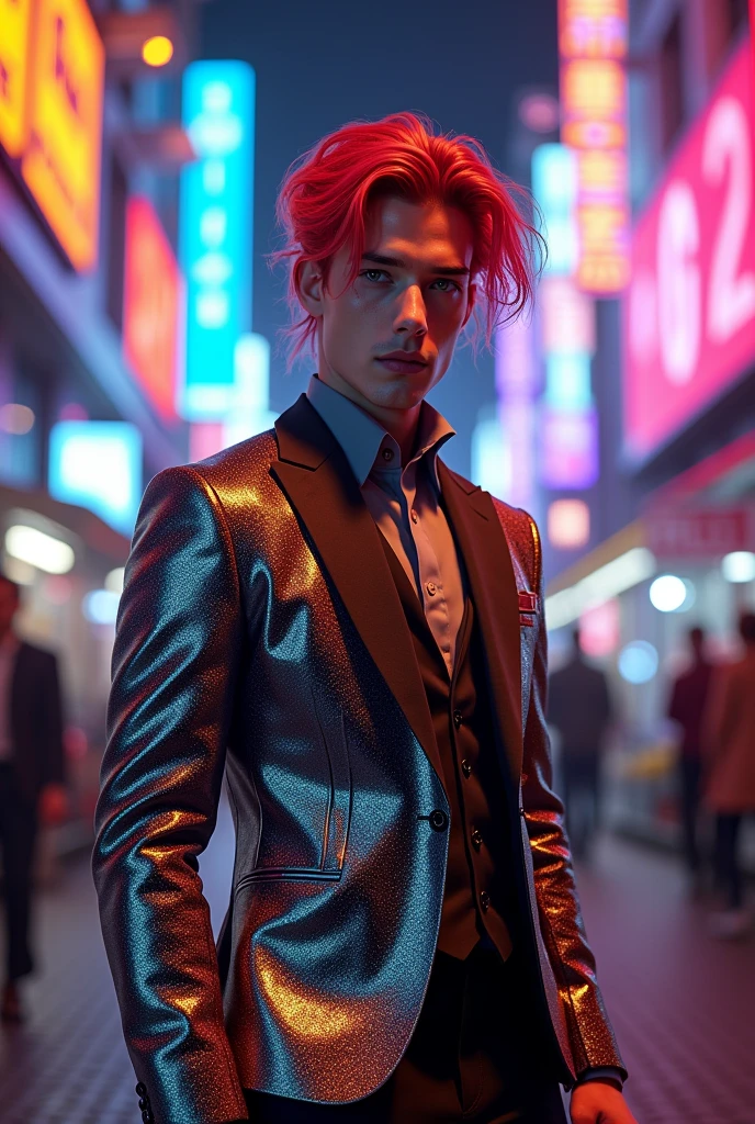 Certainly! Here’s the updated description featuring the young man with red hair:
"In a striking cyberpunk metropolis, a vivid portrait captures the young man as a stunning bionic figure, confidently posing for the camera in a bustling future marketplace. He wears a sleek, tailored suit made of a shimmering metallic fabric that hugs his form elegantly, highlighting his powerful stature while showcasing intricately designed bionic enhancements—glowing circuitry visible beneath the fabric, pulsing rhythmically with the neon lights surrounding him.
His skin, fair and luminous, glows under the kaleidoscope of colorful holographic displays advertising futuristic products and services, creating an electrifying backdrop that enhances his presence. His hair, a vibrant cascade of red locks, flows elegantly around his face, beautifully framing his chiseled features as he gazes directly into the lens, his synthetic eyes radiating confidence and allure, embodying both strength and sophistication.
The suit’s design features deep, intricate patterns of circuitry that resonate with the neon aesthetic, complemented by a high-collared jacket that adds an air of sophistication. The air is charged with the sounds of lively conversations and the whir of drones delivering goods, but in this moment, he commands the scene—a captivating figure amid the vibrant chaos. A digital projection of upcoming tech innovations glimmers beside him, showcasing art and messages of social change that resonate deeply with his powerful presence.
(Radiant neon lighting, deep contrasts, and sharp details), 160-color support, filmed on ARRI ALEXA 65, creating an immersive experience that feels both surreal and breathtakingly real. Shot by Don McCullin, this image connects his striking bionic features with the heart of a futuristic world, capturing a moment that’s as enchanting as it is transformative."
beauty, cyberpunk, bionic, futuristic, Spider-Man, model, elegance, urban, glamour, fashion, stunning, r