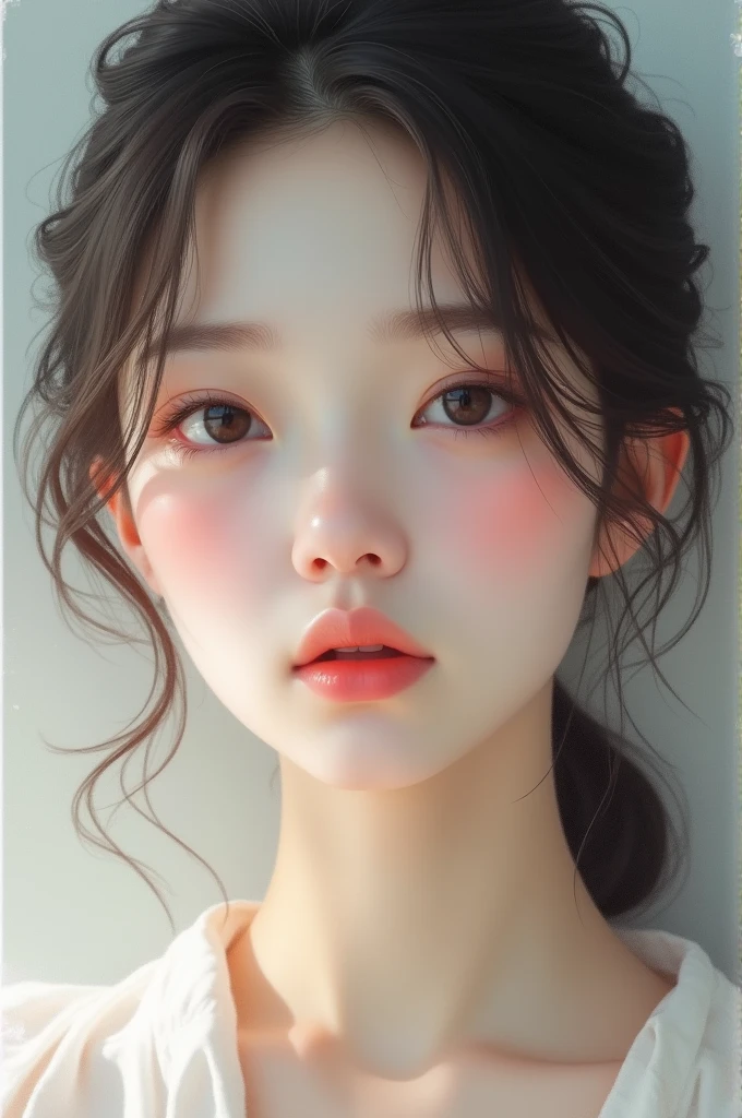 a woman with jeong yunho face claim, soft and cute features, doe eyes, round pink lips, pale skin, feminine features, detailed features