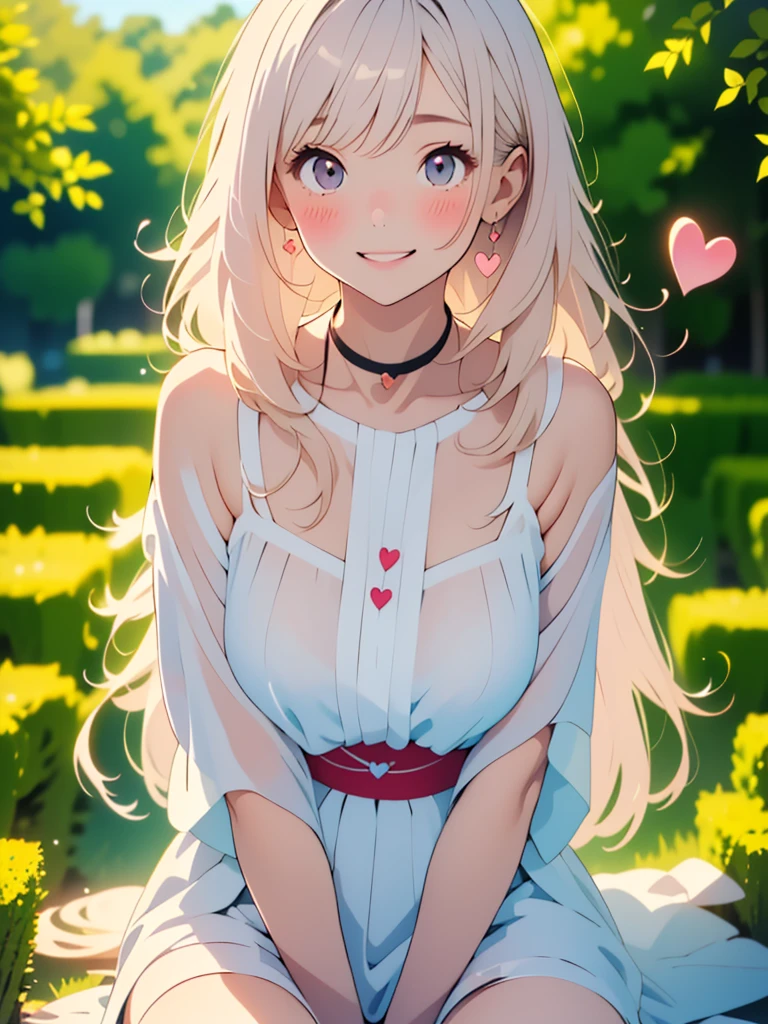 (Exquisite, beautiful, Very detailed, masterpiece, high quality,High resolution),(Well-formed face,Soft and thin lines: 1.2, Beautiful and delicate illustrations with a mature and transparent feel, Pixiv-inspired anime illustration,A beautiful girl illustration with a cute smile in pastel colors that would go viral on Twitter among Japanese people),A fashion model, who looks like a pure college student, is posing like a model.,A delicate face with a translucent quality, Summer outfit,(Beautiful smile),(Slightly wavy, flowing medium-length hair), (A pale pink blush, Plump pink lips,Quite a large bust,Fair skin, Good style,Long, Slender legs),Hearts float,