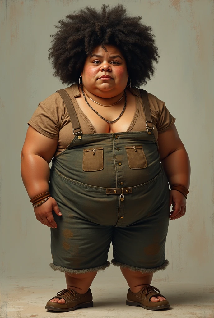 A fat lady of small stature with black curly hair , round face big eyes bushy eyebrows small nose a serious attitude tan skin give me a full body picture