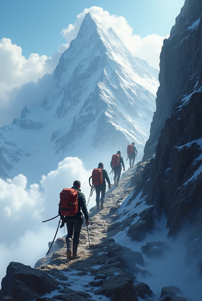 Les 4 Gardiens entamant l'ascension : Les Gardiens, équipés pour l'escalade, gravissent un sentier escarpé et rocailleux. Le vent glacial souffle fort, rendant la progression difficile. Ils sont déterminés, leurs silhouettes se détachant contre la montagne.