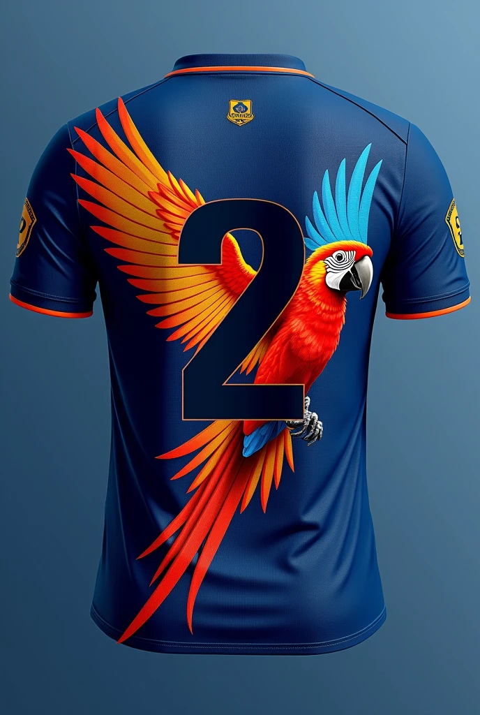 Dark blue football shirt BACK On the back a macaw in a reddish gold open flying in the lower part of the shirt Large black number 2 And the name Fernanda at the bottom