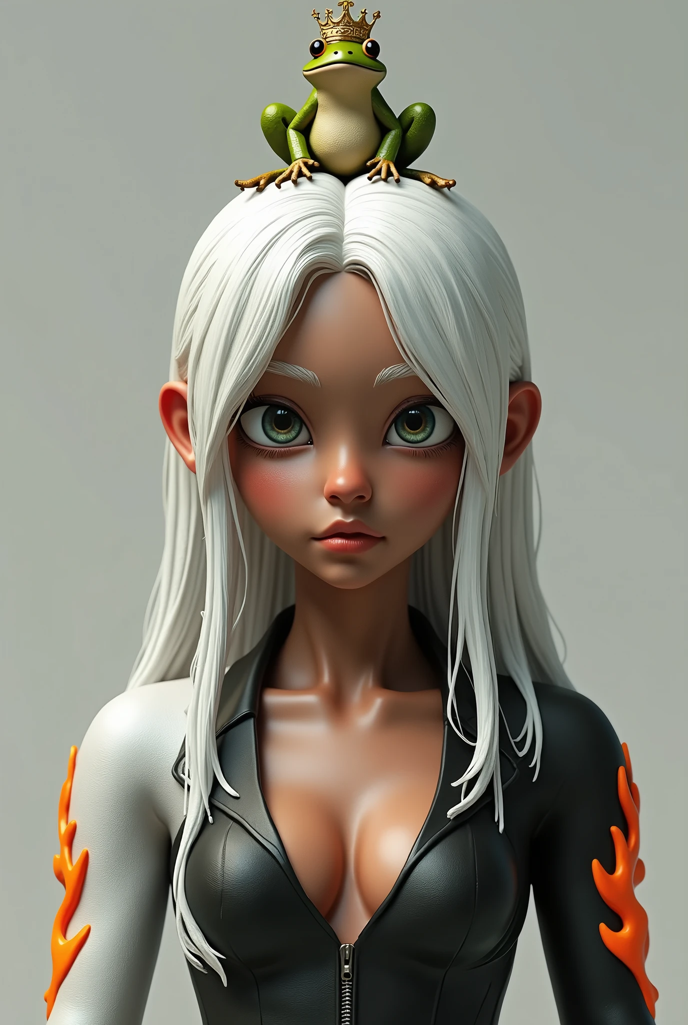 A realistic 3D character with white hair parted in the middle with a frog with a crown on top of his head a chest with flame details on the right arm white color on the left black color brown skin thin face male character
