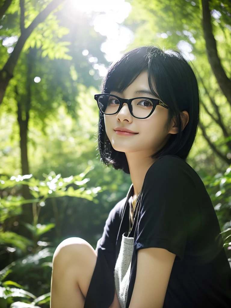 A Japanese woman with black hair and glasses sitting under the sunlight filtering through the trees