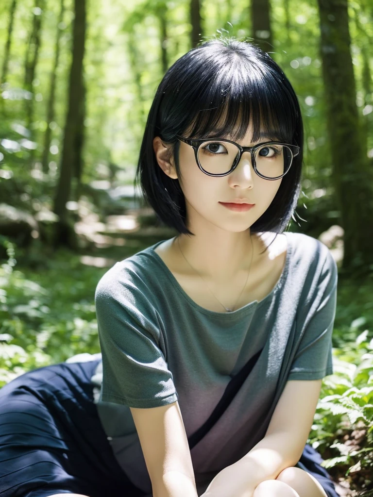 A Japanese woman with black hair and glasses sitting under the sunlight filtering through the trees