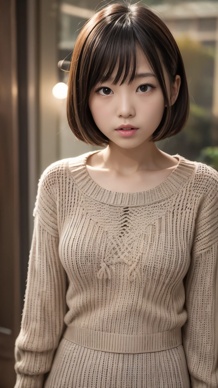 masutepiece, Best Quality, 8K, 8-years-old, the most popular Japanese-child-actress, extremely cute and childish face like a most famous Japanese-child-actress,, Raw photo, absurderes, award winning portrait, Solo, (Night:1.8), Idol face, Delicate girl,Delicate body, Digital SLR, Candid, Sophisticated,Thin arms, Professional Lighting, Film grain, chromatic abberation, (Eyes and faces with detailed:1.0), (physician:1.1)  , closes mouth ,A dark-haired , short hair、brown haired, bangss,droopy eyes, ecstasy , Oversized breasts,(beige knitted dress:1.3), random sexy pose