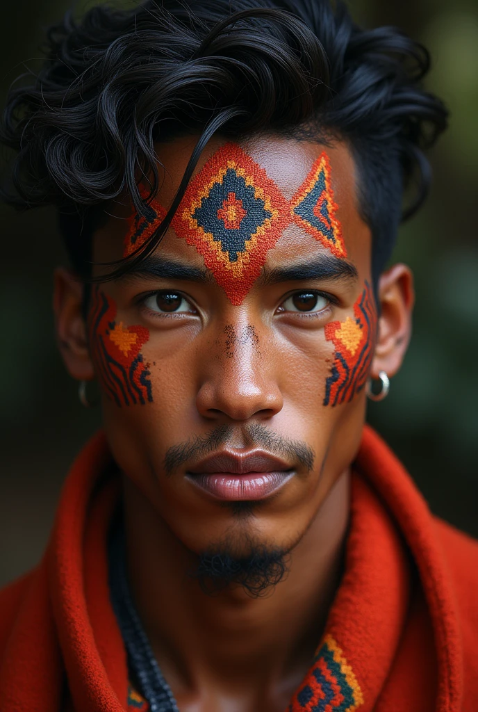 Show me a man between 20 and 30 years old from the Shipibo Konibo culture with a kené texture in the form of squares 