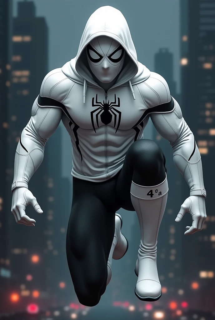 A spiderman in a white suit, with all the features of spiderman, that on his chest he has written a "4° A", that his face cannot be seen because of his white spiderman mask. He also has a hood and is jumping. Spiderman with a night city background, the bottom part (Pants) in black. Spider webs on the arms as a print 