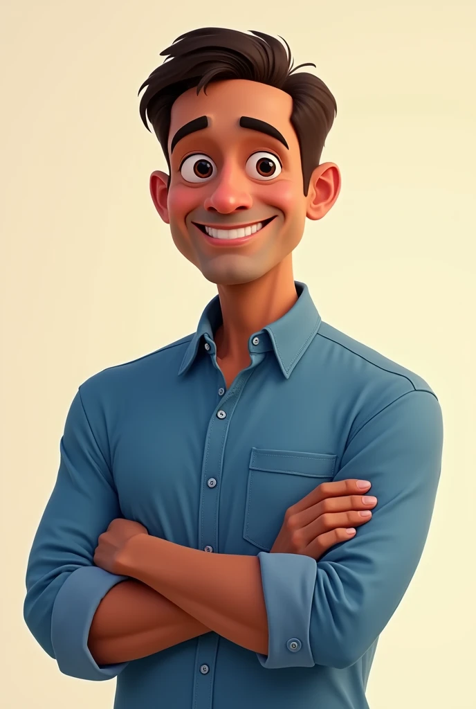 create an illustration of a brown man in his 49s, with dark brown eyes and short hair with receding hairline, wearing a blue colored shirt #2b2a7e, where he is smiling warmly with his arms crossed and looking straight ahead. the illustration must follow the Pixar style