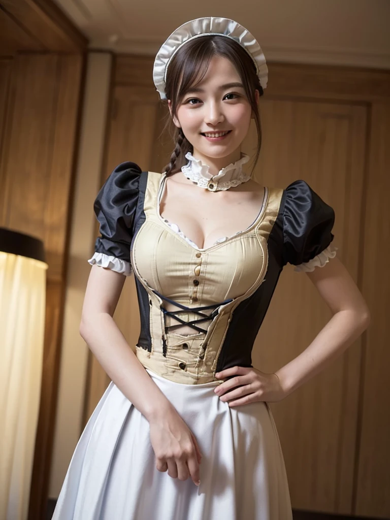 (Highest quality:1.5)、(masterpiece:1.5)、(8k:1.5)、(Flat Chest)、(Victorian tight maid uniform:1.5)、Braid、(Angle from below:1.3)、smile、(The background is the hotel:1.7)、whole body、Underbust corset、Hotel Bed、(Cowboy Position:1.5)