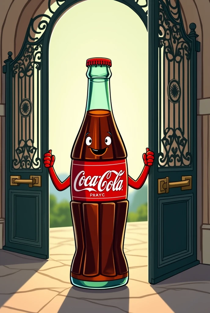 A coca cola with a face with arms and hand being a doorman and holding the gate