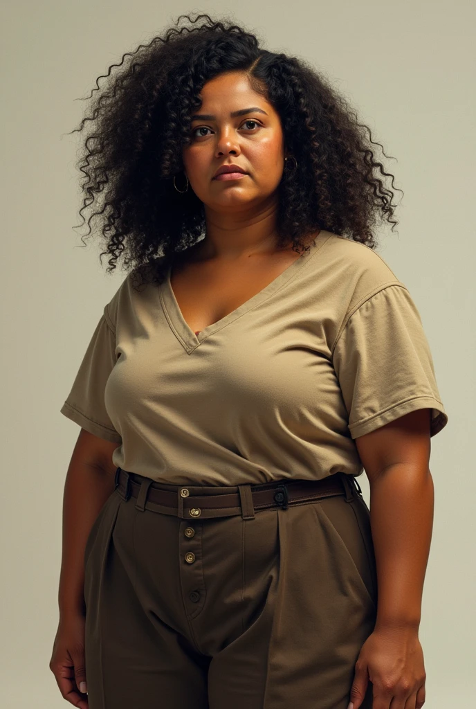 A fat lady of small stature with black curly hair , round face big eyes bushy eyebrows small nose a serious attitude tan skin give me a full body picture