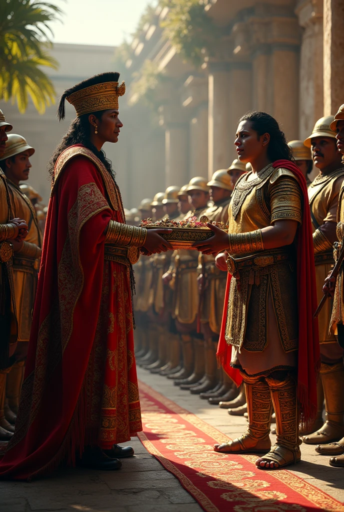 Una imagen que captura el momento en que Montezuma II y Hernán Cortés se encuentran por primera vez. Montezuma, dressed in their ceremonial robes, offers gifts to Cortes, who is accompanied by his soldiers and indigenous allies. The atmosphere is solemn, with a mixture of respect and tension in the air.
