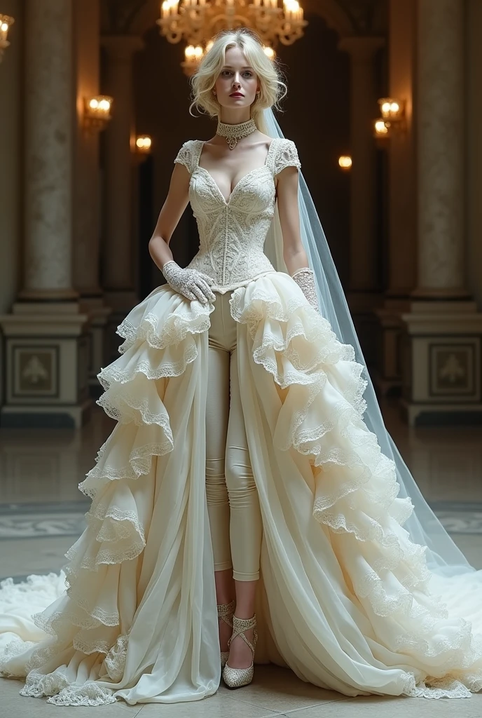 thin androgynous man, with blonde hair, rococo wedding dress. She wears a unique outfit that combines a dress with very tight dress pants.. The trousers are complemented by an impressive dress train that starts from the waist., with lots of tulle and fluffy. The top features a corset, a full lace turtleneck to the waist, sleeveless, decorated with delicate ruffles and glassware details that add a touch of luxury. The outfit is completed with a bridal veil of more than five meters., mid-arm lace gloves.