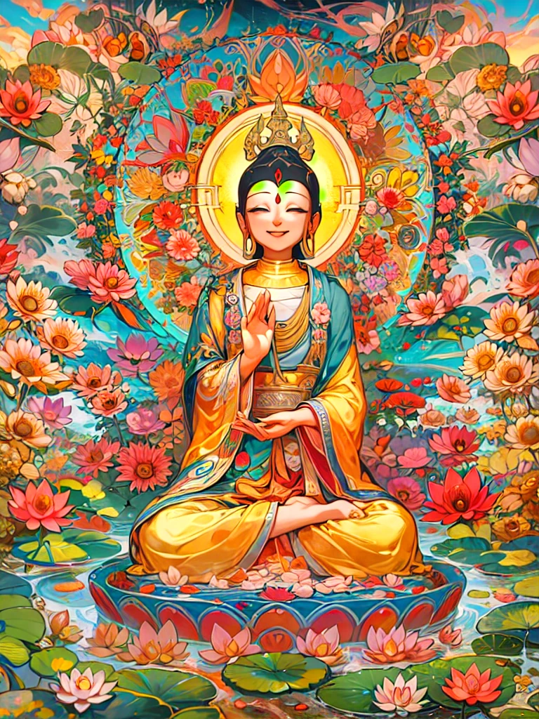 Shakyamuni Buddha、Extremely colorful 、Paradise、love、mercy、Halo、Smile、Lotus flower、Nirvana、masterpiece, High resolution, Highest quality, 