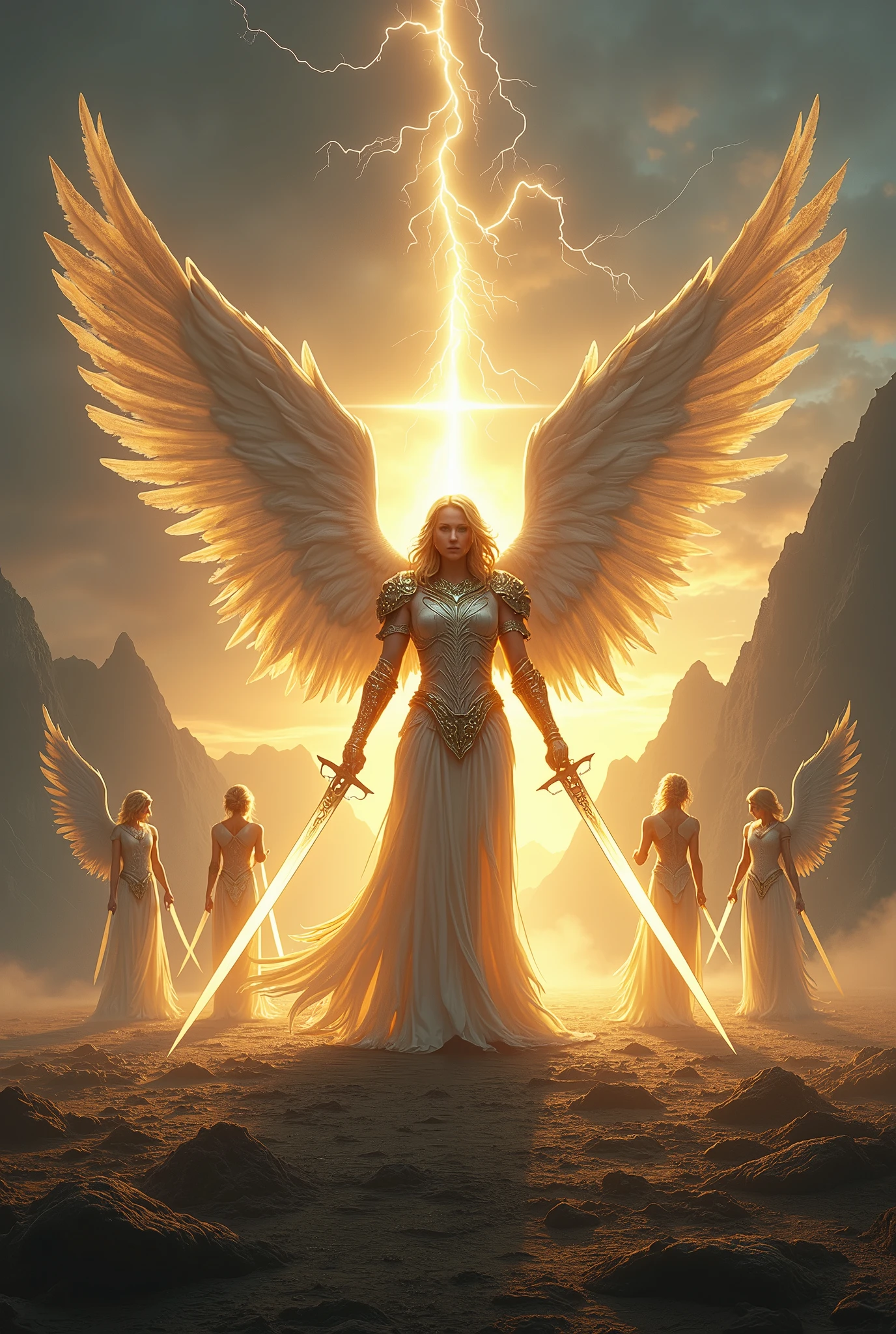Create a hyper-realistic, awe-inspiring image for the "Five of Lights" card in the Lumen Angelis deck. The scene mirrors the composition of the Rider-Waite's Five of Swords but is reimagined within the celestial, ethereal aesthetic of Lumen Angelis.
The setting is an expansive, desolate plain at twilight, with the remnants of an otherworldly battlefield stretching out under a vast, stormy sky. In the distance, towering, jagged mountains loom, shrouded in mist and illuminated by intermittent flashes of lightning, symbolizing the turbulence and conflict that has taken place.
In the foreground, the central figure stands triumphantly, an angelic warrior with an imposing yet graceful presence. His wings, vast and shimmering, are spread wide, catching the last rays of the setting sun, which cast a golden, almost holy light upon them. His armor, intricately crafted from a luminous material, glows faintly with divine energy, etched with celestial runes that pulse with life. In his hand, he holds three radiant swords made entirely of light, their edges sharp and flickering with a near-blinding intensity. These swords represent victory, but also the isolation that comes with it.
Around him, two other angelic beings are depicted. They stand defeated and disheartened, their wings drooping, and their heads bowed in sorrow. One of them, still holding a sword of light, lets it slip from their grasp, the light dimming as it falls, symbolizing the loss and surrender. The other kneels, clutching at their chest, where faint scars of light pulse, as if their very essence has been wounded. Their garments, though still radiant, are tarnished and torn, reflecting the toll of their struggle.
The background is equally symbolic. The sky, a swirling canvas of dark clouds, hints at the aftermath of a celestial storm. In the far distance, faint, ghostly figures of angels retreat into the shadows, carrying their own dimmed swords of light. The ground is littered with the remnants of fallen w