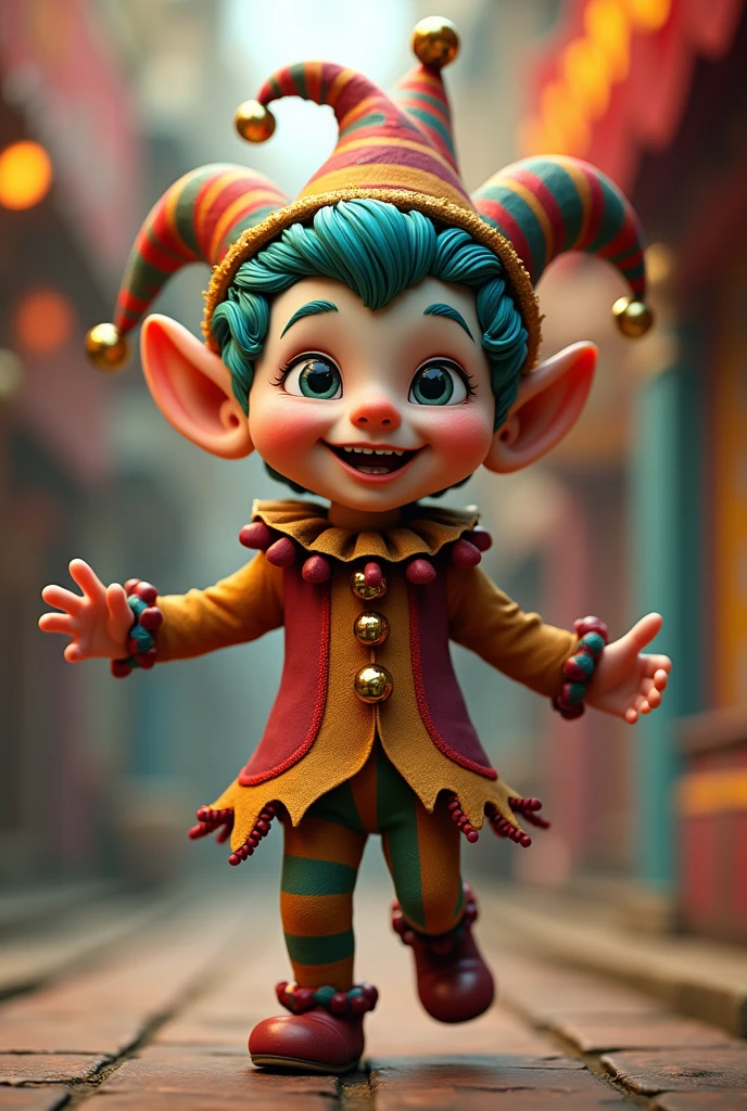 A little jester with bells on its hat and a striped outfit bouncing around