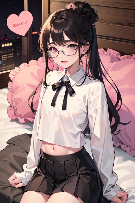 Chinese girl
,Wear black round glasses
,Wearing a very large white t-shirt
,pleated skirt
,Black messy bun
,Pink heart-shaped eyes
,small waist
,Sleeping.บนเตียงนอน
,night time
,There is warm light from the bulb.
,Beautiful composition
,Taken by a professional photographer
,Open your mouth and stick your tongue out.,The tongue is clearly visible.
,My eyebrows droop.
,shy
,Thin eyebrows, not too dark
,small nose
,There are some small bumps on the face.
,Medium Page
,Don't be a jerk.
,small
,sparkling eyes
,pink mouth
,pink cheeks
,See the thighs and navel
,break out
,Hands tied to the headboard
,I'm sweating a lot.
,My legs are covered with water.
,Put on a collar
,There are red hickeys on the neck.,Sleeping.
,see the whole body