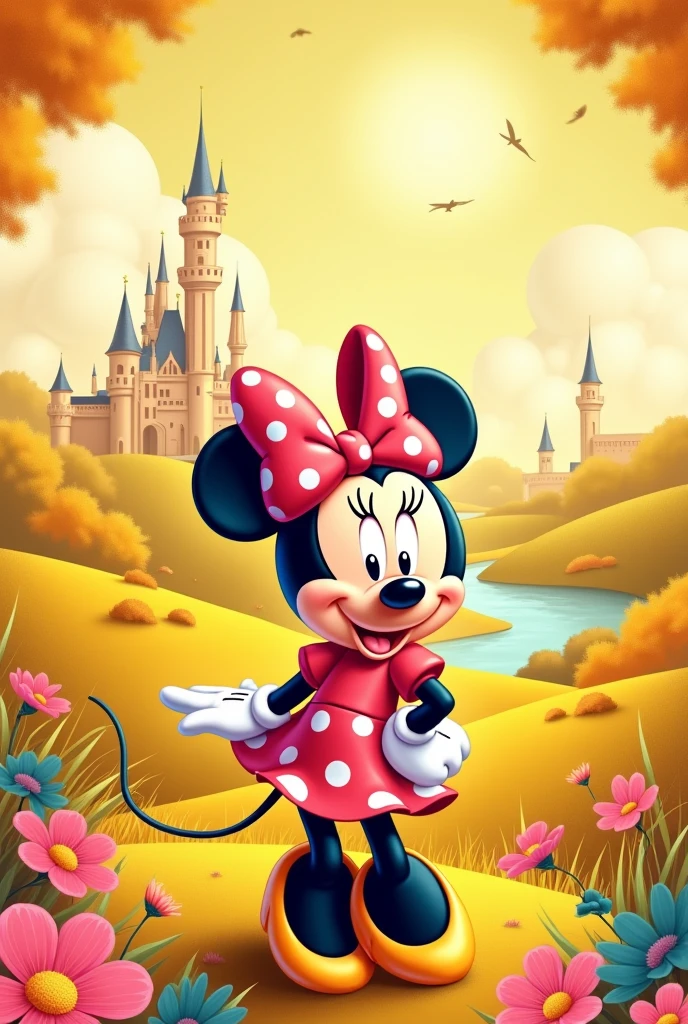 An image that will be for a notebook cover. The main character is Minnie Mouse and the background must be yellow Creativity, in a castle in the background with a river