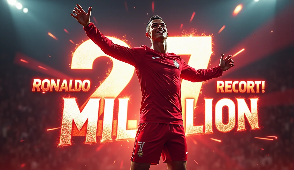 Main Title (Bold, Large Font):
"Ronaldo SMASHES Record!"Subtext (Smaller Font):
"27 Million Subs in ONE DAY!"Additional Elements:Explosive Graphics: Use dynamic, explosive graphics around the text, giving it an energetic feel.Highlight Numbers: Make "27 Million" stand out with bright colors or a glowing effect.Ronaldo Image: Choose an image of Ronaldo celebrating, perhaps with a trophy or in his iconic goal celebration pose.YouTube Logo: Place a large YouTube logo with a subscriber icon to emphasize the platform.Arrows or Streaks: Add some motion streaks or arrows pointing towards the "27 Million" to draw attention.