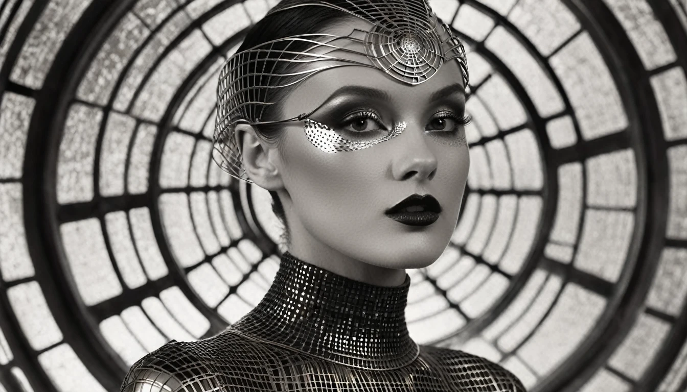 A ((Very old photograph only in sepia color, monochrome,)) Surreal, Image is a stylized from 20s, Retrofuturism portrait featuring a woman with pale skin and striking facial features, including high cheekbones and dark, dramatic makeup. standing against a complex, circular, white and black geometric background. The woman has fair skin, short wavy dark hair, and striking facial features with a focused expression. She is adorned in a metallic, grid-like bodysuit that covers her torso and arms, with matching metallic accessories on her wrists and a headpiece. The intricate design of her outfit and the background suggests a sci-fi or cyberpunk theme, with the circular pattern behind her adding depth and a sense of technology. Vintage film, photorealistic, old science fiction, Intricate Details, from the film Metropolis, inspired by 1920 by Fritz Lang, Directed by Fritz Lang. Retrofuturism, 1920s, old sci-fi film, ((cinematic film)), Ultra Detailed, Chiascuro, Intricate, Sharp Focus, Studio Photography, Highly Detailed, Photo Real Style, Hyperrealistic, High Dynamic Range, B&W, Realistic Textures, 8K UHD, Nikon D 850, Kodak Portra 400, Fujifilm XT, 3D rendering.