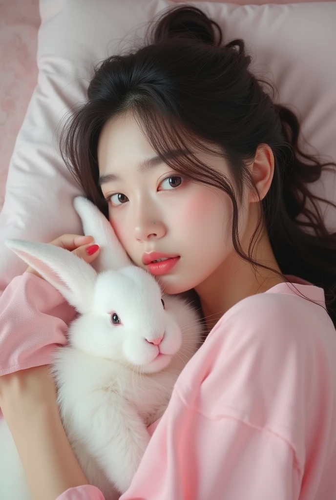 a woman with jeong yunho face claim, soft and cute features, doe eyes, round pink lips, pale skin, feminine features, detailed features, laying on a bed, dressed in pink coquette clothes while petting a cute fluffy and white bunny