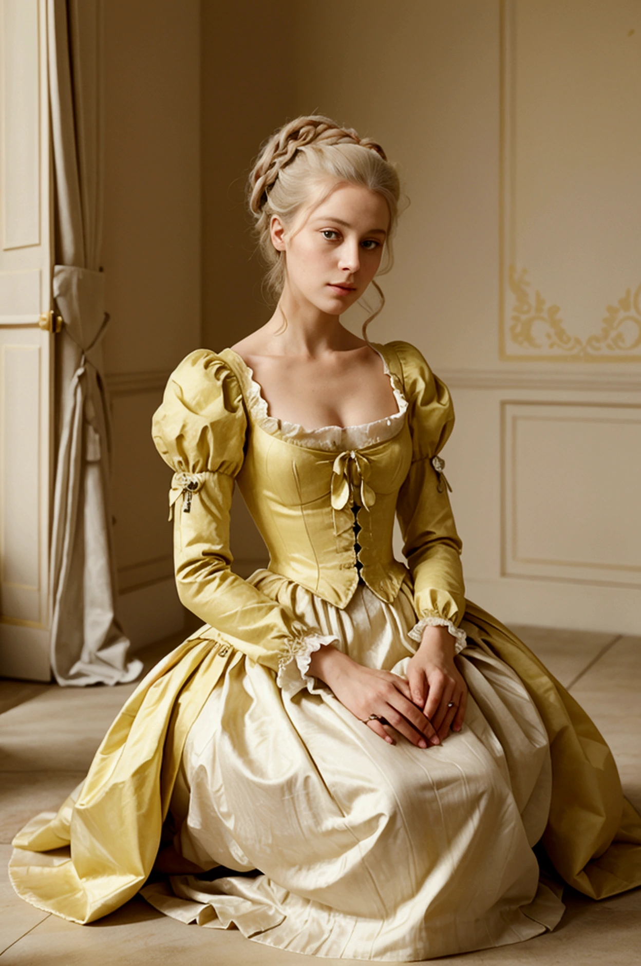 Marie-Antoinette in a yellow kneeling in the future