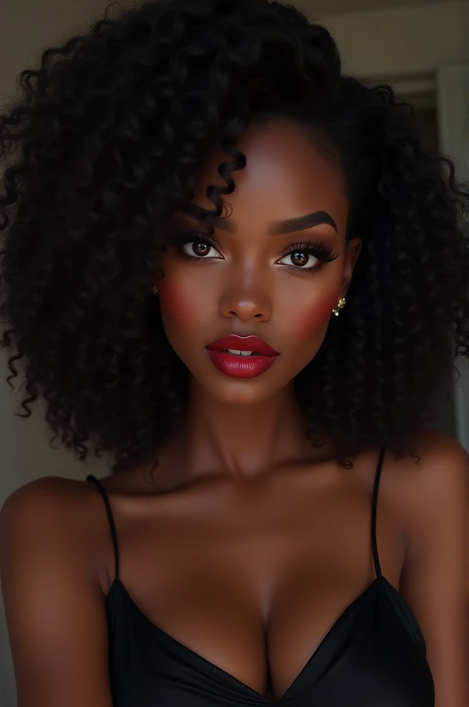 black woman curly hair black dress, Brown eyes, reddened mouth, Brown eyes escuro, round and wide face