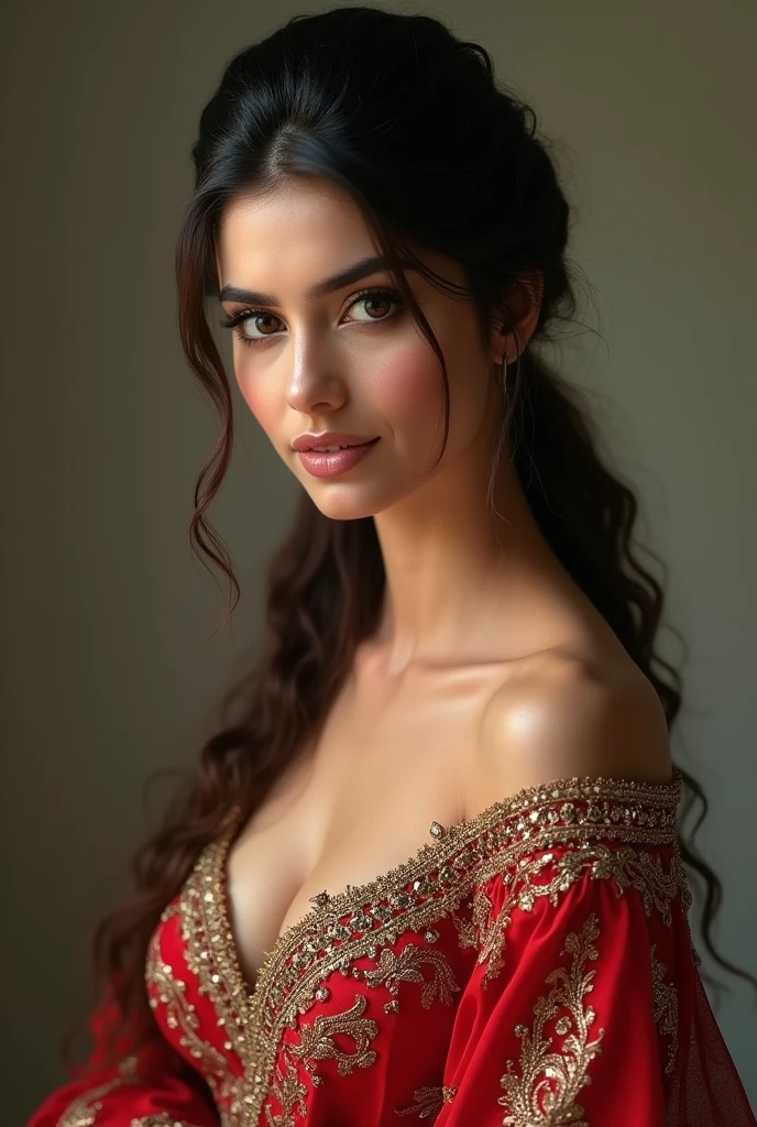 A very white pakistani woman with very oily hairs completely in a slick bun , big breasts, seductive smile and waering a seductive lehenga