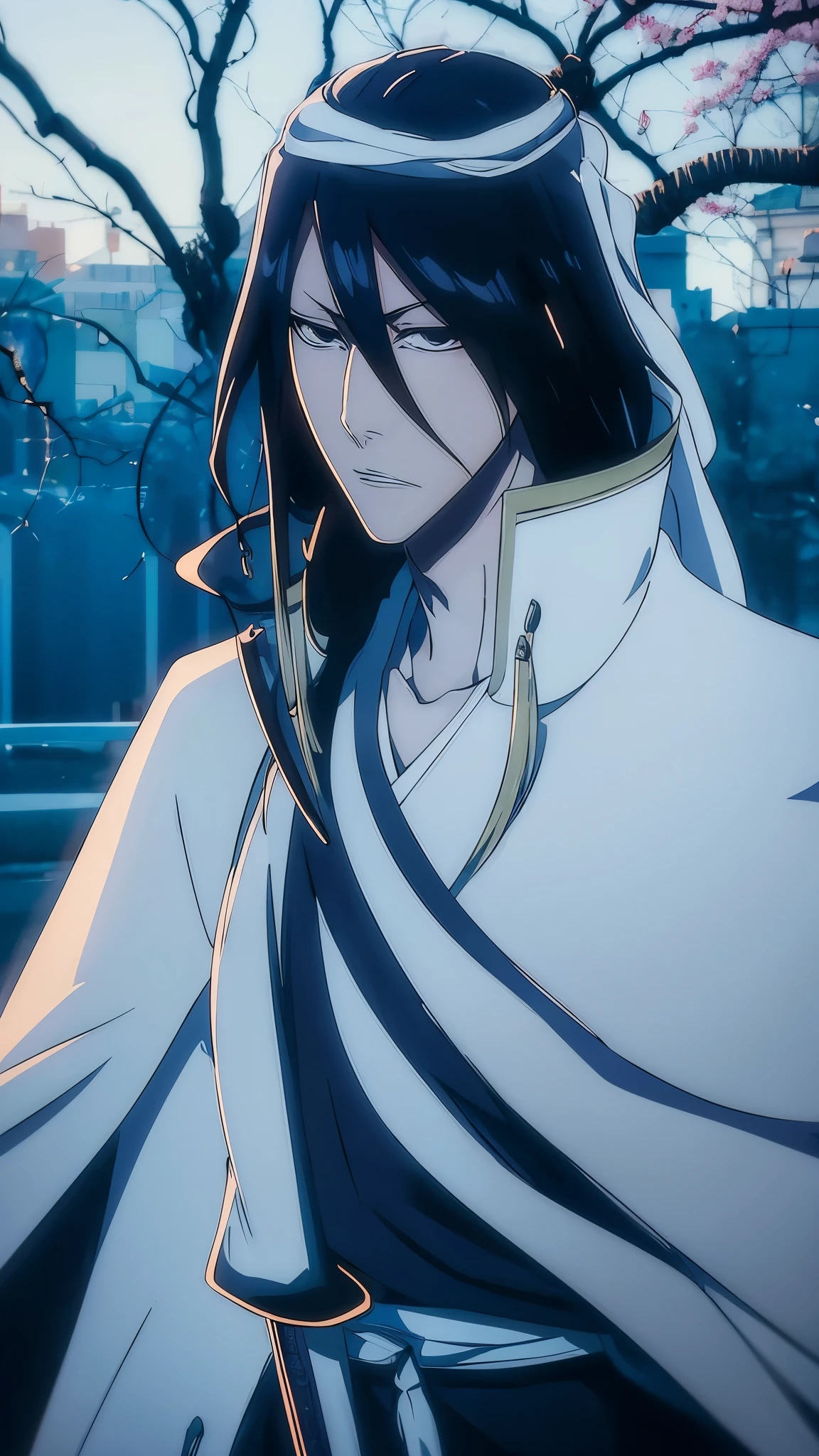 Byakuya Kuchiki from Bleach, handsome, male, black hair, medium-long hair, veil on head(kufiya), face detailed, perfect eyes,black clothes, pale skin, ((best quality)), ((master part)), ((detailed)), 16k, HDR, RTX, (masterpiece, aesthetic: 1.3), (1 man), perfect hands, (dynamic pose:1.2), close-up, portrait.