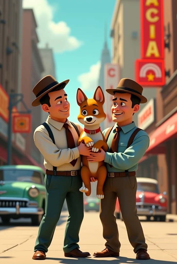 Create an animation set in the 50s where there are 3 men with the dog Laika in their arms 

