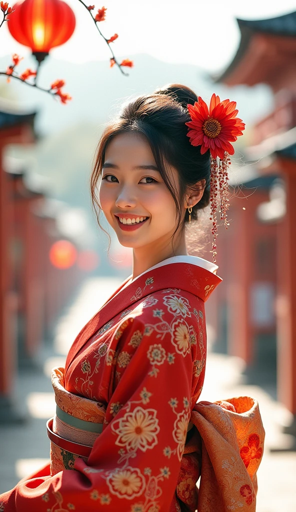 A beautiful young woman wearing brightly colored Japanese clothing、A charming expression、The upper white teeth are visible、Japanese clothing with red floral pattern on a white background、((SeaArt creates beautiful women in kimono))、Full Body Shot、background、Shrines and temples、The atmosphere is like that of a Japanese Ukiyo-e painting.、
