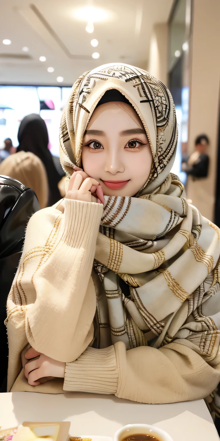 Korean girl, beautiful girl in hijab, 19 year old girl, perfect face, expressive eyes, makeup, eyeshadow, eyeliner, luxurious hijab, patterned hijab, hijab decoration, brooch, shiny lips, smile, dimple, being in a busy mall, coffee